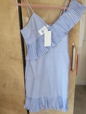 SALE-NWT- Lucy Paris Blue and White Striped One-Shoulder Ruffle Dress